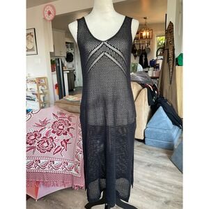 Black Crochet Knit Midi Dress Sleeveless V-Neck Side Slit Beach Cover Up